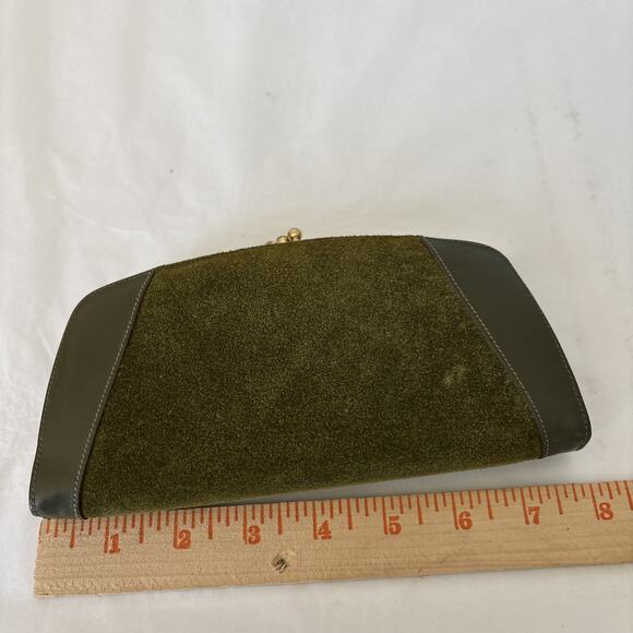 Vtg Baronet Suede Leather Wallet Clutch 1960s Double Kiss Closure Green Unused - Picture 9 of 16